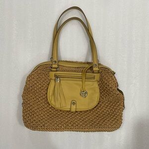 Brighton Tan & Yellow Raffia/Straw Like w/ Leather Trim Tassel Accent Lined Bag